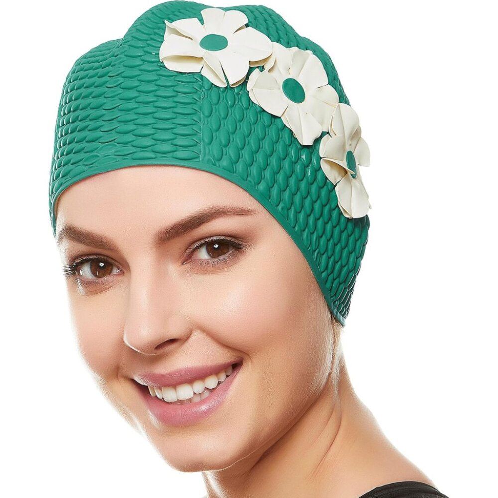 Beemo Latex Swimming Cap for Women Shield Hair from Damage - Green/White Flowers